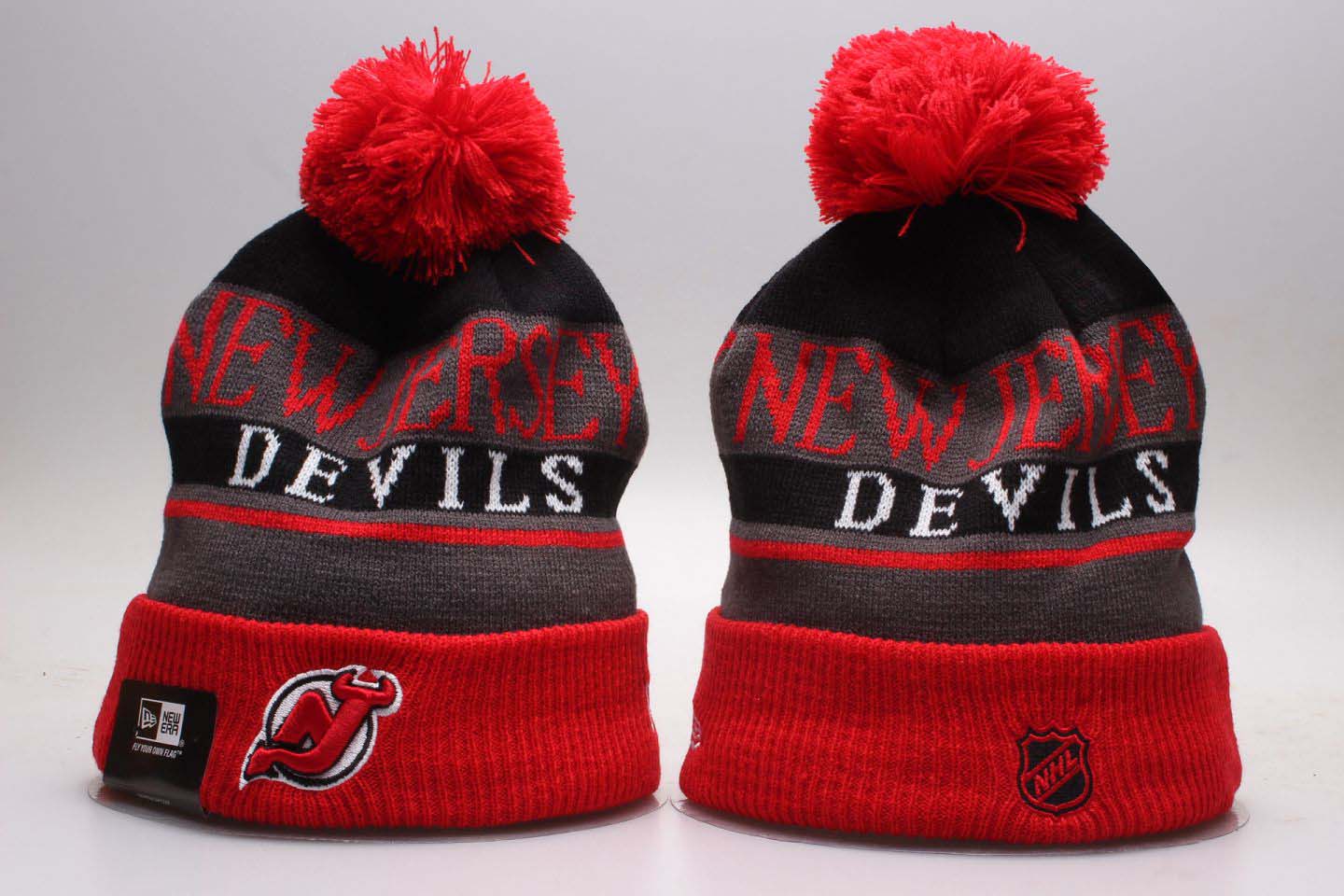 Devils Red Wordmark Cuffed Pom Knit Hat YP